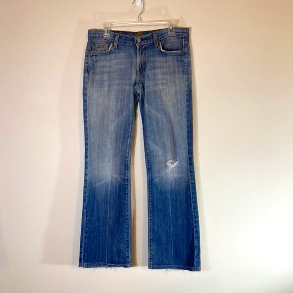 7 For All Mankind Jeans Lightly Distressed Denim Bootcut Mid-Rise 5 Pocket SZ 29 - Picture 1 of 15